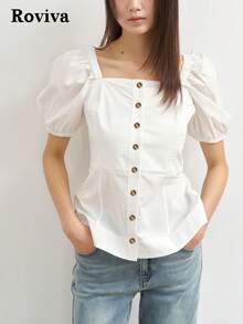 Camicia Roviva 2026 primavera/estate con maniche a palloncino, scollo quadrato, spalle scoperte convertibili e maniche corte. Design a maniche corte adatto per primavera/estate. Abbigliamento casual con jeans, semplice e fresco. Adatto per raduni all'aperto del 4 luglio. - Bianco - Visualizzare 1