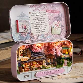 Miniature Cherry Blossom Tin Kit, 3D Puzzle Assembly House Model, DIY Handmade Building Blocks Toy, Craft, Home Decor, Birthday & Christmas Gift