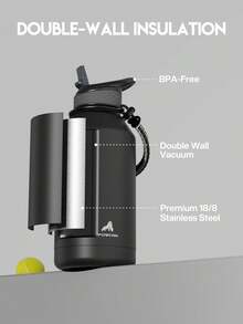 64盎司/1.9升半加仑保温水瓶，带吸管盖 - 加厚不锈钢真空保温水壶，大容量运动水瓶，带提手/肩带，防漏双层壁设计，保温/保冷，是健身、徒步、旅行和上学的理想之选 - 黑色 - 查看 3