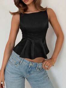 女士宽松圆领黑色吊带背心，露背设计，优雅波西米亚风格，商务休闲办公穿着，秋冬季 - 黑色 - 查看 4