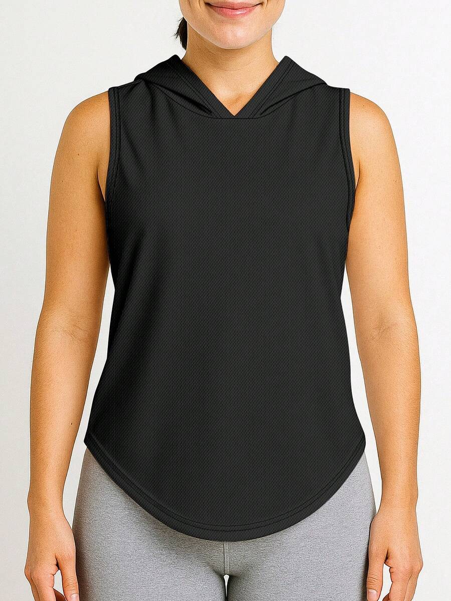 Plain Sleeveless Hoodie Sports Tank Top For Women, Suitable For Gym, Running, Workout And Lounging - Black - View 1