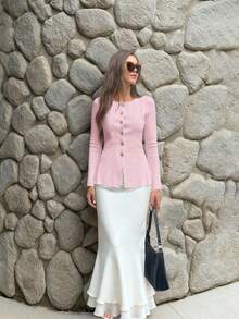 FOR BEAUTY 女士新款针织开衫，适合春、秋、冬三季穿着，休闲简约风格，圆领长袖，金属纽扣设计，优雅纯色毛衣，情人节约会之选 - 粉紅 - 查看 3