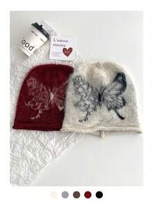 1 件蝴蝶纹理针织帽,超大号保暖羊毛混纺蝴蝶装饰休闲帽,男女通用秋冬耳暖帽 - 彩色 - 查看 7