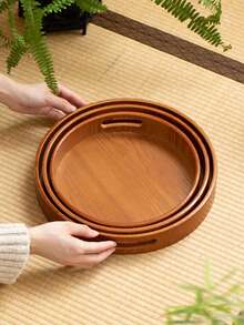 1 Peça Bandeja de Servir Redonda de Madeira de Nogueira com Alça, Para Segurar Alimentos, Lanches, Bebidas, Sushi, Bife, Pizza, Sobremesas, Bolos, Pães, Bandejas de Café da Manhã, Bandejas de Jantar, Bandejas de Café, Bandejas de Chá, Tábuas de Frios, Adequado para Festa da Primavera, Dia dos Namorados - bordô - Visão 9