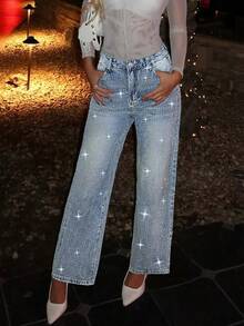 Fashionable Women's Full Rhinestone Embellished Loose Straight Leg Denim Maxi Pants, European And American Style - Light Wash - View 2