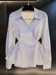 女士春秋新款V领系腰休闲长袖衬衫 - 天藍 - 查看 5