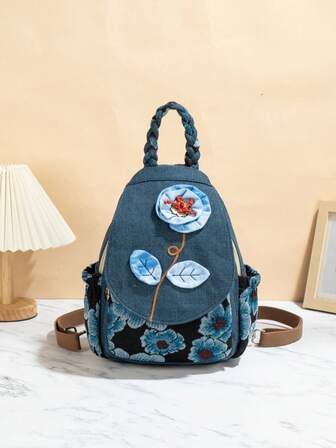 1 pieza (corte aleatorio) Mochila de hombro bohemia hecha a mano con flores y hojas de cuentas, bolso de pecho de 2 en 1 con solapa multicapa y estampado de teñido anudado con hojas