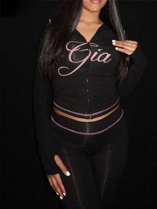 Conjunto de ropa de calle de otoño para mujer, sudadera con capucha con cremallera y estampado "Girl", pantalones, conjunto de dos piezas de manga larga para entrenamiento y rave