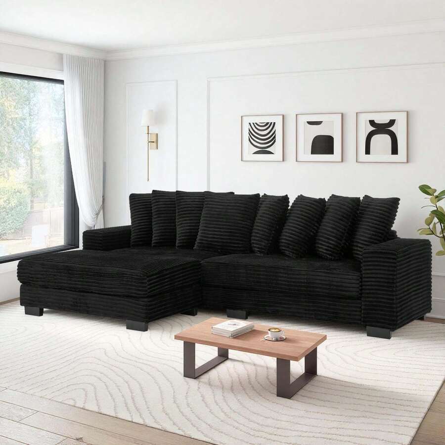 Niccae-Corduroy Tufted Upholstered Sleeper Sectional Sofa, L-Shaped Modular Convertible Sofa , Can Freely Change The Position Of The Footrests - 黑色 - 查看 1