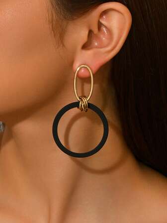 2件套时尚椭圆形金属耳环，DIY组合，薄荷绿和紫色，18K镀金，女士大耳环；新增黑色圆形镀金耳环；不对称几何金合金长耳环；适合女性搭配连衣裙、吊带背心等日常服饰；金属表面为手工涂漆，请理解可能存在细微瑕疵。