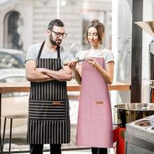 2 Pack Adjustable Bib Apron With 2 Pockets Chef CooFKing Kitchen Restaurant Aprons For Women Men,Red/FFBlackssstripes - 紅色/黑色條紋 - 查看 6