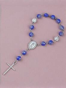 1 pieza Elegante colgante de rosario con cruz para espejo retrovisor del coche - Cuentas de perlas falsas y cadena de aleación, decoración interior del coche duradera, regalo perfecto para ocasiones especiales - Multicolor - Ver 9