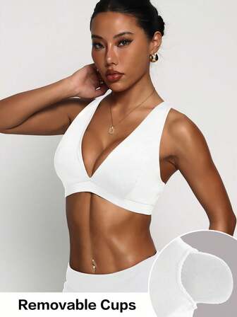 Women's Black Removable Padded Deep V-Neck Criss-Cross Strap Fashionable Sports Knit Bra