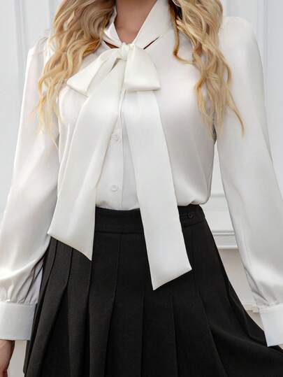 Women's Elegant Satin White Long Sleeve Casual Shirt, Versatile Commuter Blouse With Bow Collar Detail - Solid Color Suitable For All Seasons, Machine Washable Non-Sheer, Soft & Breathable Fabric, Refined Satin Texture, Solid Color Tie For Office & Daily Wear