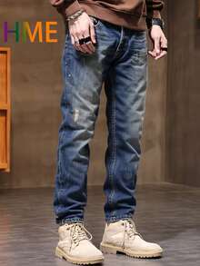 235 Minimalist Casual Men's Jeans Fall/Winter New Arrival Heavyweight Denim Trousers Retro Washed Lightning Pattern Natural Faded White Finish Mid-Rise Design With Contoured Cut Stretch Denim Fabric, Machine Washable Built-In YKK Zipper Closure All-Season Wear Suitable For Business Or Casual Occasions Fashionable Vintage-Inspired Men's Jeans - 藏蓝色 - 查看 5