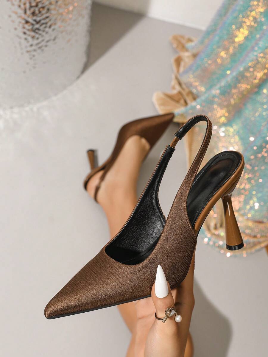2025 New Fashion Sexy Pointed Toe Women's High Heels, Satin Fabric Backless Pumps, Brown - Brown - View 1