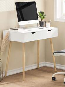 SoBuy FWT40-WN，家庭办公桌 电脑桌 电脑工作站 2 个抽屉 - 白色 - 查看 2