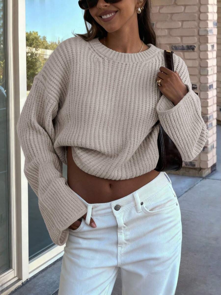 FOR BEAUTY 杏色圆领宽松休闲针织毛衣，女士新款秋冬长袖简约套头衫 - 杏色 - 查看 1