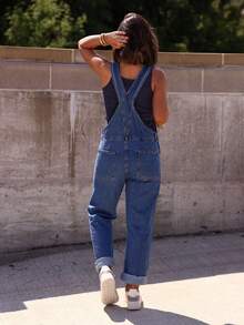女士休闲牛仔背带裤 - 可调节肩带、前胸口袋、宽松连体裤、柔软舒适面料