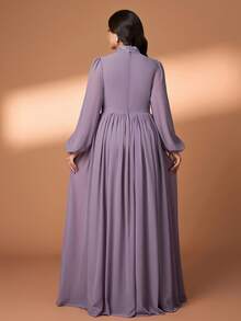 YISIKADO Women Plus Size Elegant Long Dress Stand Collar Bishop Sleeve Appliques Zipper Contrast Mesh Formal Evening Gown - Màu tím - Xem 2