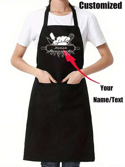 1pc Customized Printed Stylish Apron,Black Stain Resistant Apron,Sleeveless Apron,For Home, Kitchen,Nail Shop,Cooking, Baking, Nail Salon, Women Work Uniform,Coffee Smock,Home Cooking Clean Sleeveless Bib Apron,Home Harmony