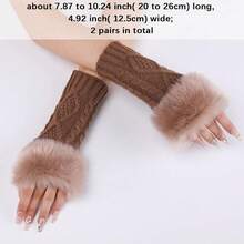2 Pairs Furry Arm Warmers Fingerless Gloves Soft Fluffy Knitted Khaki Thumb Holes Gloves Winter Crochet Faux Fur Knitting Wrist Mittens Arm Sleeves For Women Writing Painting Typing Cycling,Khaki - 卡其色 - 查看 3