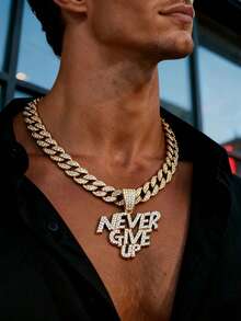 1 chiếc dây chuyền phong cách Hip Hop, mặt dây chuyền đính đá Cubic Zirconia khắc chữ "Never Give Up", vàng 18K/bạc, 13mm, trang sức nam phong cách Hip Hop, quà tặng ngày Valentine, ngày của Mẹ. - mặt dây chuyền thư - Xem 3