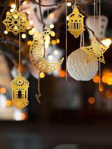 Acrylic Star And Moon Pendant, Lantern Letter Decoration For Festive Home Decor, Mirrored Hanging Ornament, Middle Eastern Proverb Decorative Hanging, 3D Acrylic Mirrored Moon And Star Ornament. - Gold - View 11