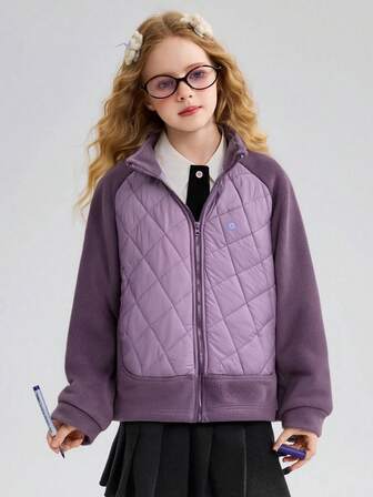  ASK JUNIOR Tween Girls Padded Jacket, Children's Winter Quilted Outerwear, Contrast Color Stand Collar Jacket For Big Girls