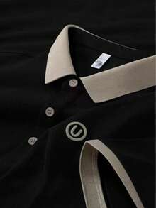 1 PC Men's Polo Shirt, Black With Beige Contrast Collar & Cuffs, Circular Embroidered Logo, Piqué Fabric, US Standard Sizing, Casual Smart Short Sleeve Top For Spring Summer Autumn - màu đen - Xem 5
