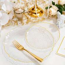 10 đĩa phục vụ viền ren, đĩa ăn chính dập nổi 10.25 inch và 7.5 inch, bộ đồ ăn tiệc cưới, khay đựng món khai vị có họa tiết, đĩa ăn chính cho tiệc chiêu đãi (10 chiếc, mờ + vàng) - Trong sáng - Xem 4