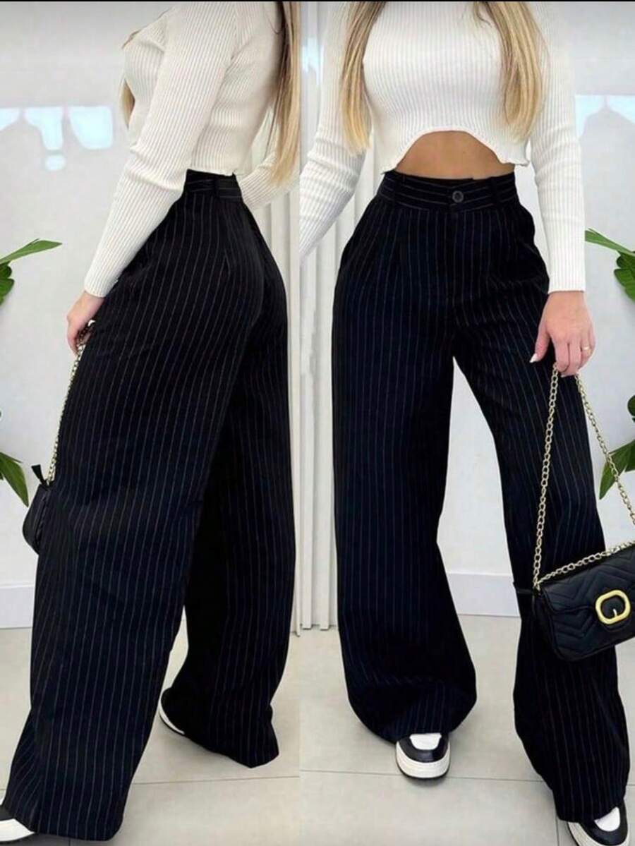 Women's Wide Leg Striped Pantaloon Chalk Pants - Negro - Ver 1