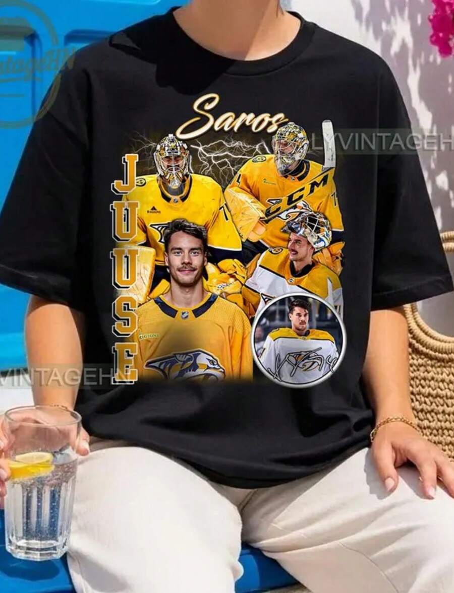 Juuse Saros Shirt, Juuse Saros Mineral Wash T-Shirt, Juuse Saros Tee, Bootleg Rap Tee, Nashville Hockey - 黑色 - 查看 1