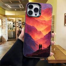 Cubierta de teléfono con borde metálico color púrpura con estampado de montañas al atardecer y siluetas de personas para uso diario en cafeterías - Negro - Ver 4