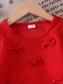 2pcs Baby Girl Fashionable Minimalist Bohemian Style Set: 3D Bow Decor Fringe Trim Crew Neck Long Sleeve Top And 3D Bow Decor Elastic Waist Denim Pants - Red - View 4