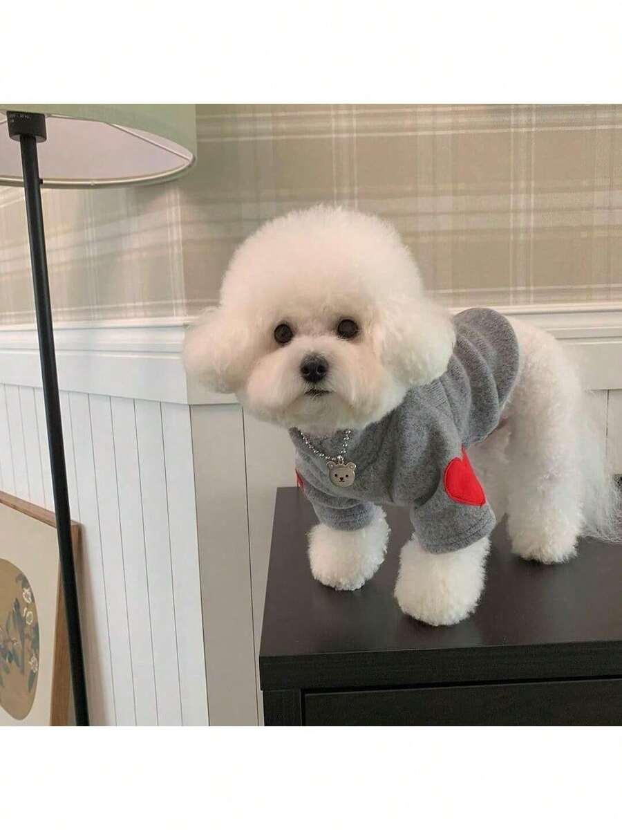 Heart Print Pet Dog T-Shirt, Small/Medium Dog Warm T-Shirt, Suitable As Valentine's Day Gift For Breeds Like Poodle, Chihuahua, Schnauzer - Multicolor - View 1