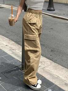 1pc Teen Girls Casual Minimalist Fashion Personalized Street Style Loose Straight Leg Multi-Pocket Cargo Pants, Suitable For Spring, Summer, Autumn, Winter