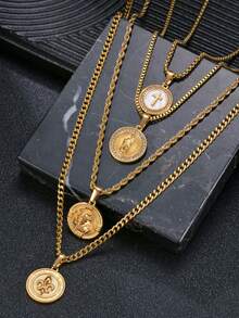 硬币徽章吊坠项链,不锈钢材质,18K镀金,60厘米链条,鸢尾花十字架圣本笃扭链项链,男女皆宜,适合日常佩戴和节日礼物。 - 金黃色 - 查看 3