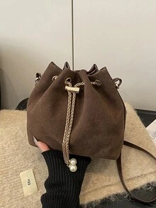 1个哑光皮革抽绳水桶包，配珍珠链条肩带，时尚麂皮斜挎单肩包，女士 - 咖啡棕 - 查看 9