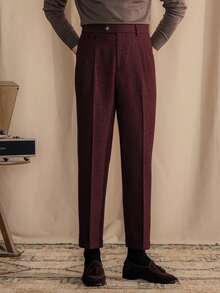 Men's Wool Tweed Herringbone Dress Pants, Vintage Slim Fit Suit Trousers, Regular Fit, Business & Formal Wear, Versatile Tailored Suit Pants For Men - Màu Đỏ Sâu - Xem 3