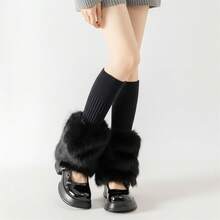 Women's Winter Knit Leg Warmers Solid Color Ribbed Furry Patchwork Casual Scrunch Leg Socks Boot Socks - Black - View 3