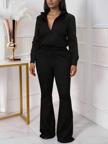 Plus Size Women Solid Color Zip Front Hoodie And Pants 2 Piece Set, Minimalist Fashion