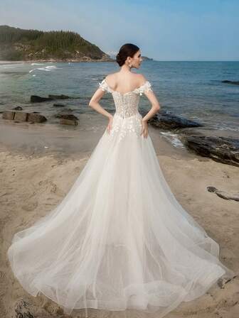 HEARBOBO  Elegant Off The Shoulder Floral Lace White Wedding Dresses For Bride, Suitable For Wedding, Singles' Party, Vacation, Bride, Formal Occasions, Dinner, Prom, Birthday Party