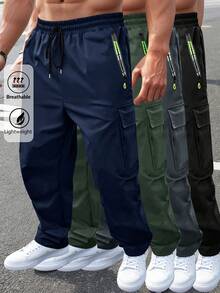 Men's Drawstring Elastic Waist Zipper Pocket Sweatpants, Outdoor Casual Straight Leg Cargo Pants With Big Pockets, NEON Highlight, Spring Autumn - Blue - View 2