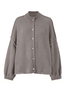 Joy 女士秋冬针织衫，时尚新款 - 简约宽松针织开衫，配金属纽扣，长袖毛衣外套 - 老花灰 - 查看 4