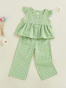 Toddler Baby Girls Spring Summer 2PCS Pants Sets Flying Sleeve Button Up A-Line Plaid Tops Pants Outfits Cute Simple Leisure Daily Clothes Ideal For 12Months-5Years - 綠色 - 查看 7