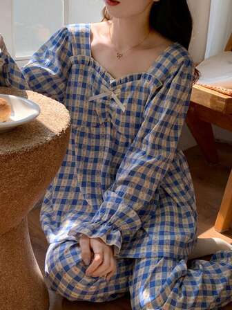 2pcs Women Floral Print & Plaid Pattern Pullover Pajama Set, Long Sleeve Top With Bow Tie, Floral Print & Plaid Pants, Comfortable & Fashionable, Suitable For Spring/Autumn Casual Wear