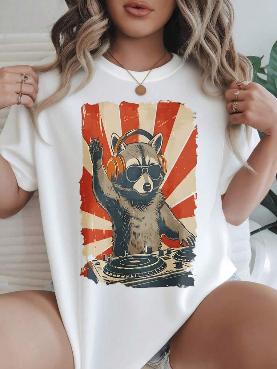 Raccoon Dj With Headphones And Sunglasses Women's Fashionable Print Casual T-Shirt Suitable For All Seasons
-White - 白色 - 查看 1