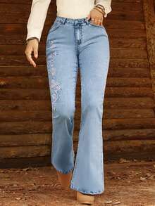 Light Blue High-Waisted Slim Flare Jeans - Western Chic Everyday Casual Pants - Light Wash - View 7