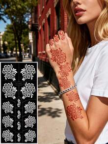 1 Sheet Tattoo Template Sticker, Flora Adhesive Hollow Sticker, Used For Hand Body Art Painting, Reusable Tattoo Template, Used For Party Mehndi Design, DIY Haina Painting Template, Multiple Pattern Options,Tattoo Stencil - Black - View 2